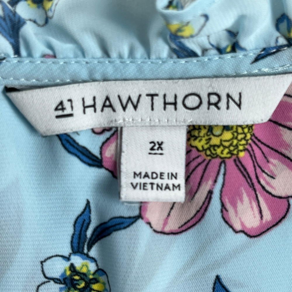 41 Hawthorn Floral Sleeveless Blouse Blue Pink Ruffle Neck 2X Lightweight - Picture 3 of 8